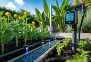 A garden with green plants being watered by a sensor-based irrigation system including soil moisture sensors and drip irrigation tubes.