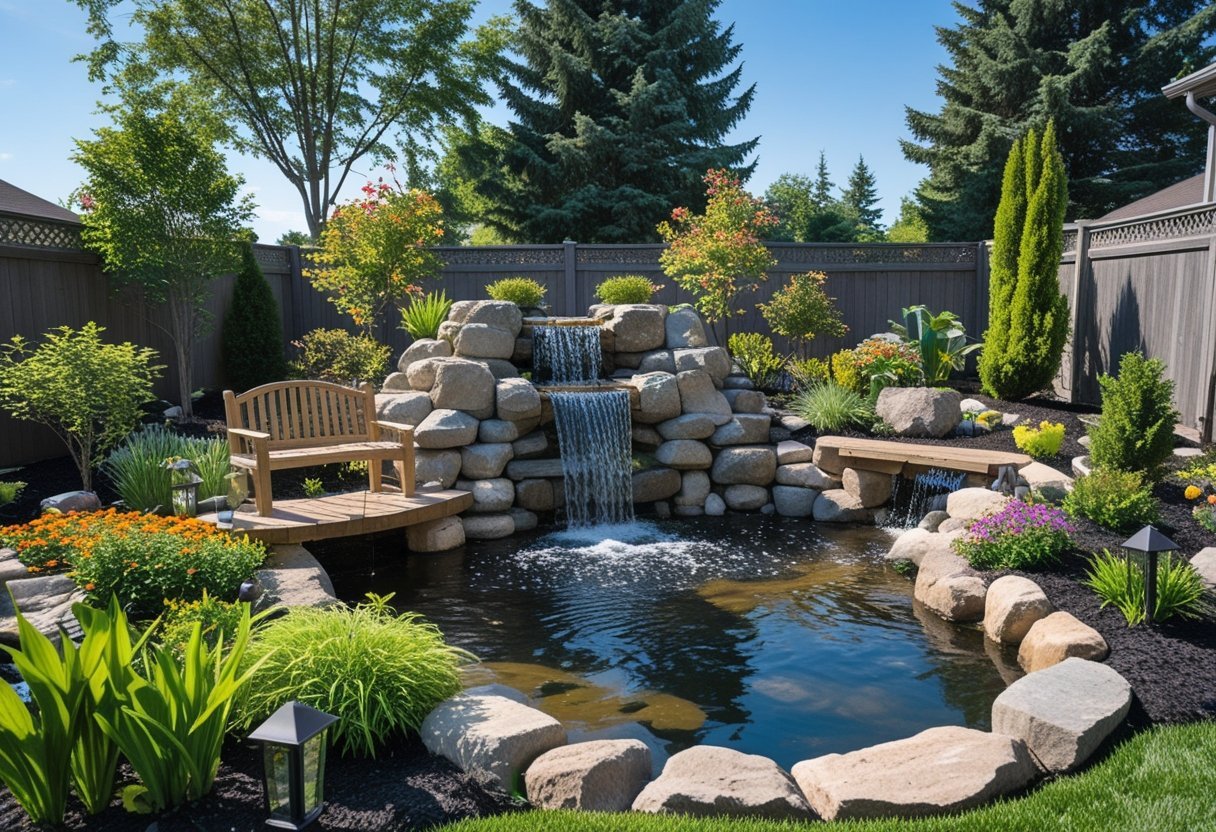 A backyard garden with a natural stone waterfall flowing into a pond surrounded by plants, flowers, and rocks.