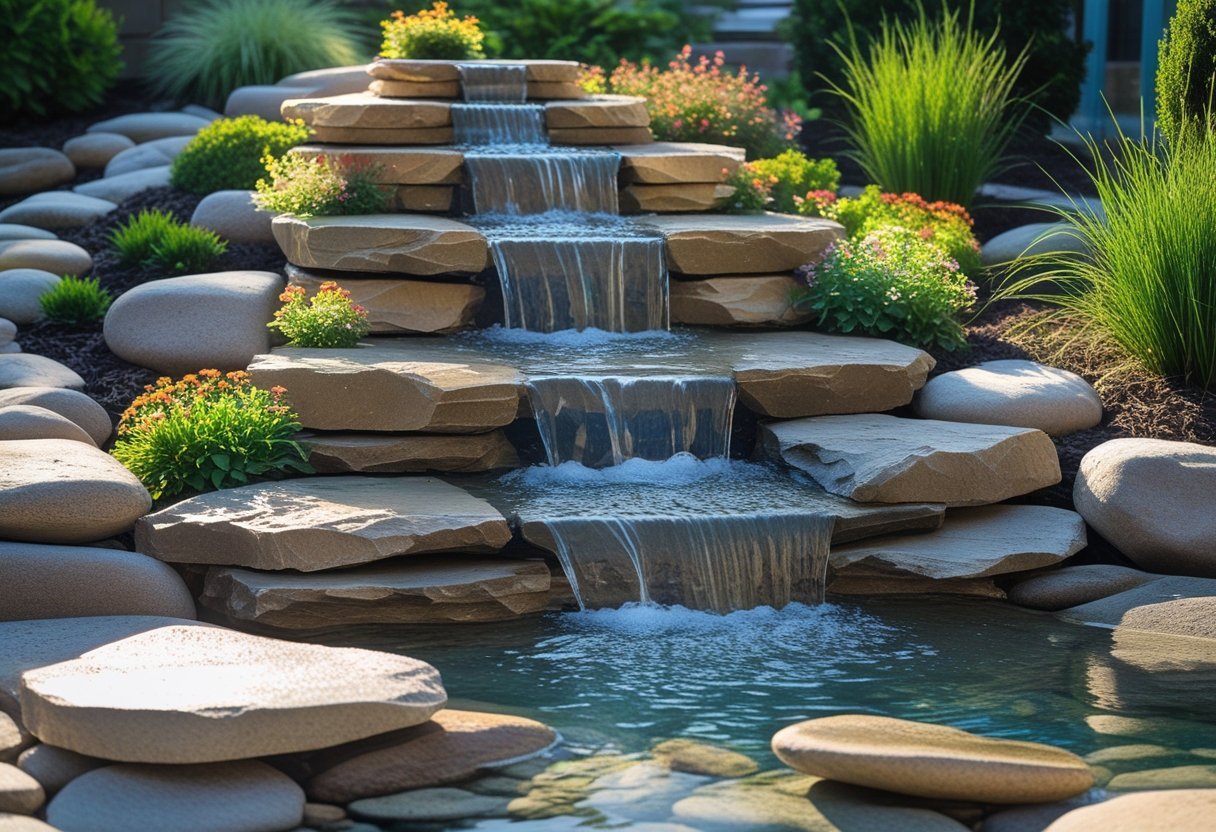 A multi-level stone waterfall with water flowing down into a pond surrounded by green plants and flowers in a garden.