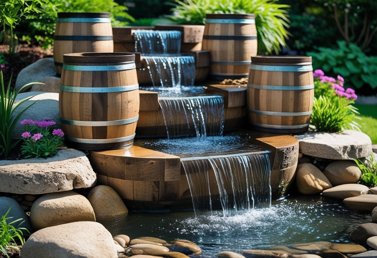 A garden waterfall made from wooden barrels with water flowing down surrounded by plants and stones.