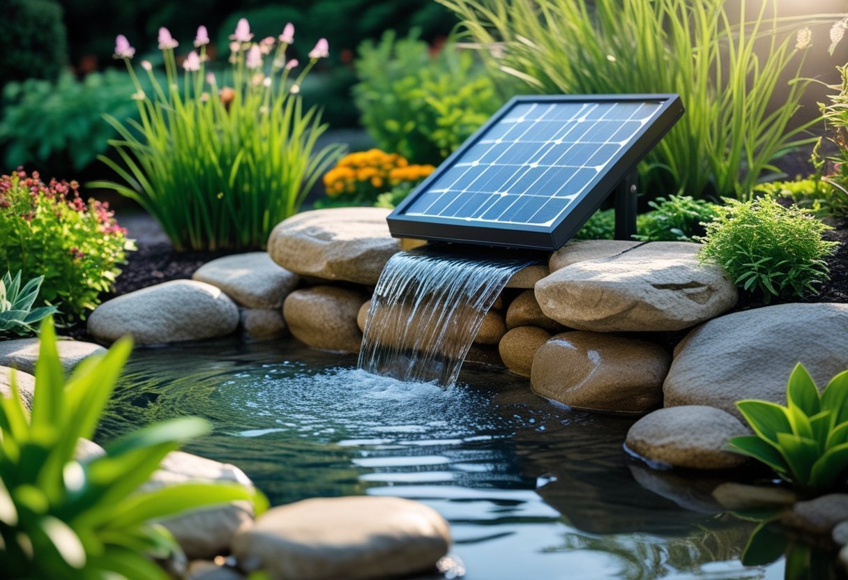 A small DIY waterfall in a garden with water flowing over stones into a pond, surrounded by green plants and colorful flowers, with a solar panel integrated into the scene.