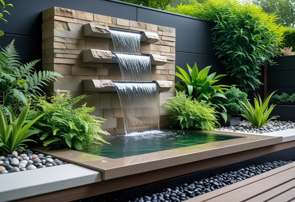 Outdoor garden with a wall-mounted waterfall flowing down a stone wall into a basin surrounded by green plants and flowers.