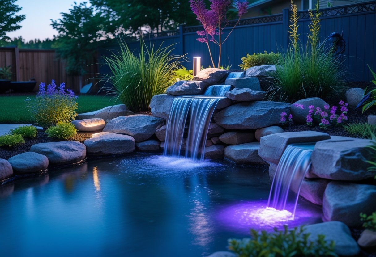 A backyard garden with a small waterfall flowing over rocks into a pond, surrounded by plants and illuminated by colorful LED lights.