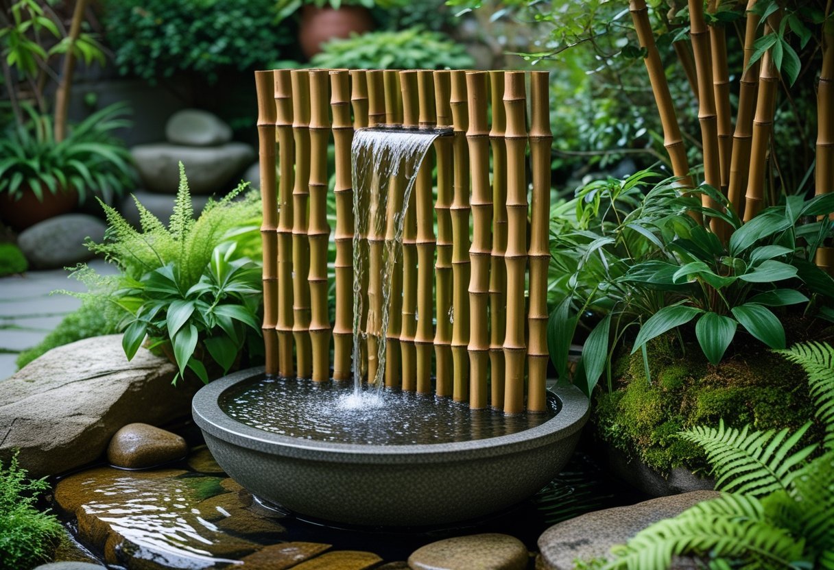 A bamboo fountain waterfall in a garden with water flowing into a stone basin surrounded by green plants and rocks.