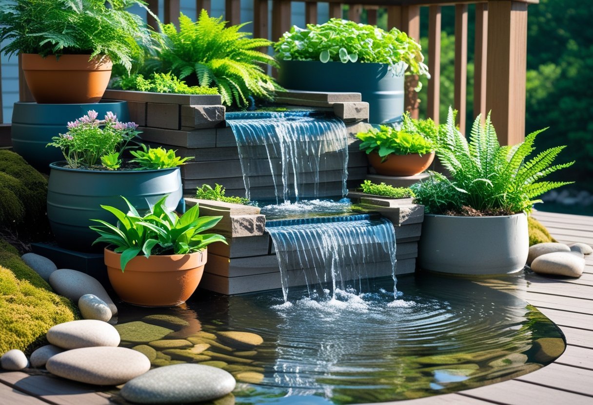 A cascading container waterfall garden with flowing water and various green plants arranged outdoors on a wooden surface.