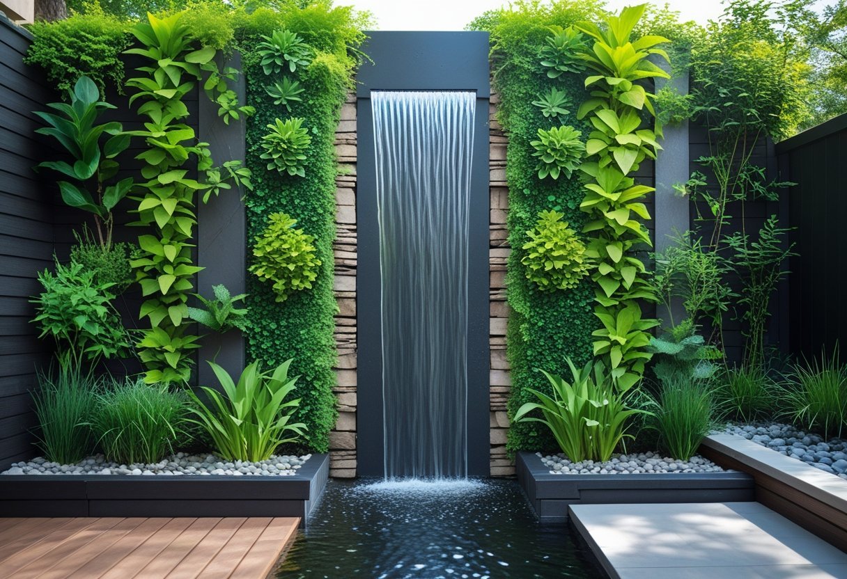 A vertical garden wall with green plants and a small waterfall flowing down stone panels in an outdoor garden setting.