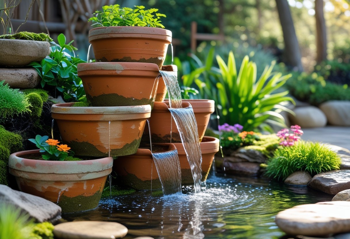 A small garden waterfall made from stacked recycled pots with water flowing down surrounded by green plants and flowers.