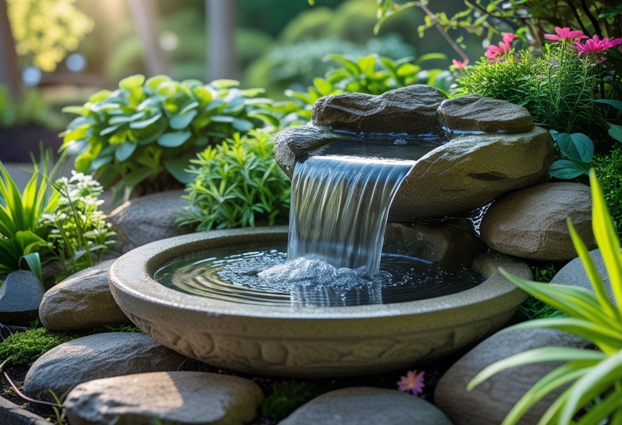 A small waterfall flowing into a stone birdbath surrounded by green plants and flowers in a garden.