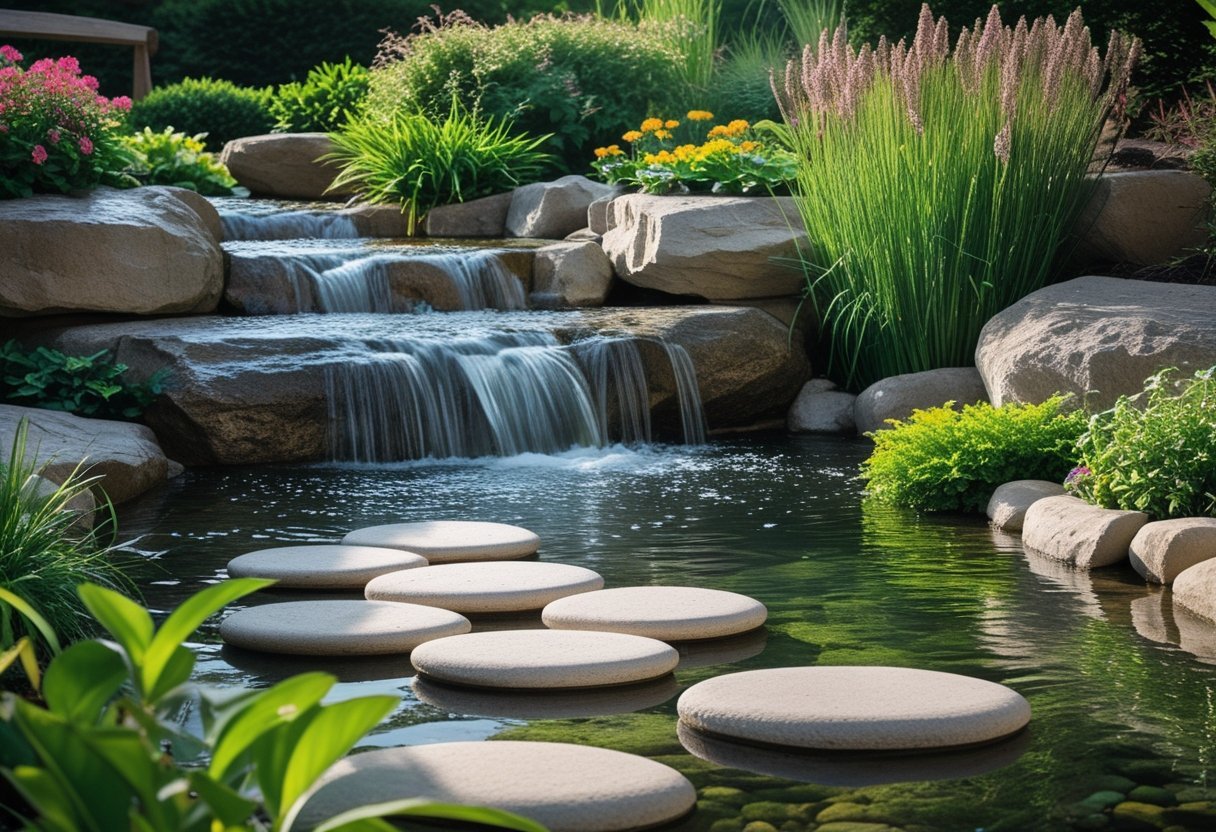 A garden waterfall with clear water flowing over rocks into a pond, with stepping stones crossing the water surrounded by green plants and flowers.
