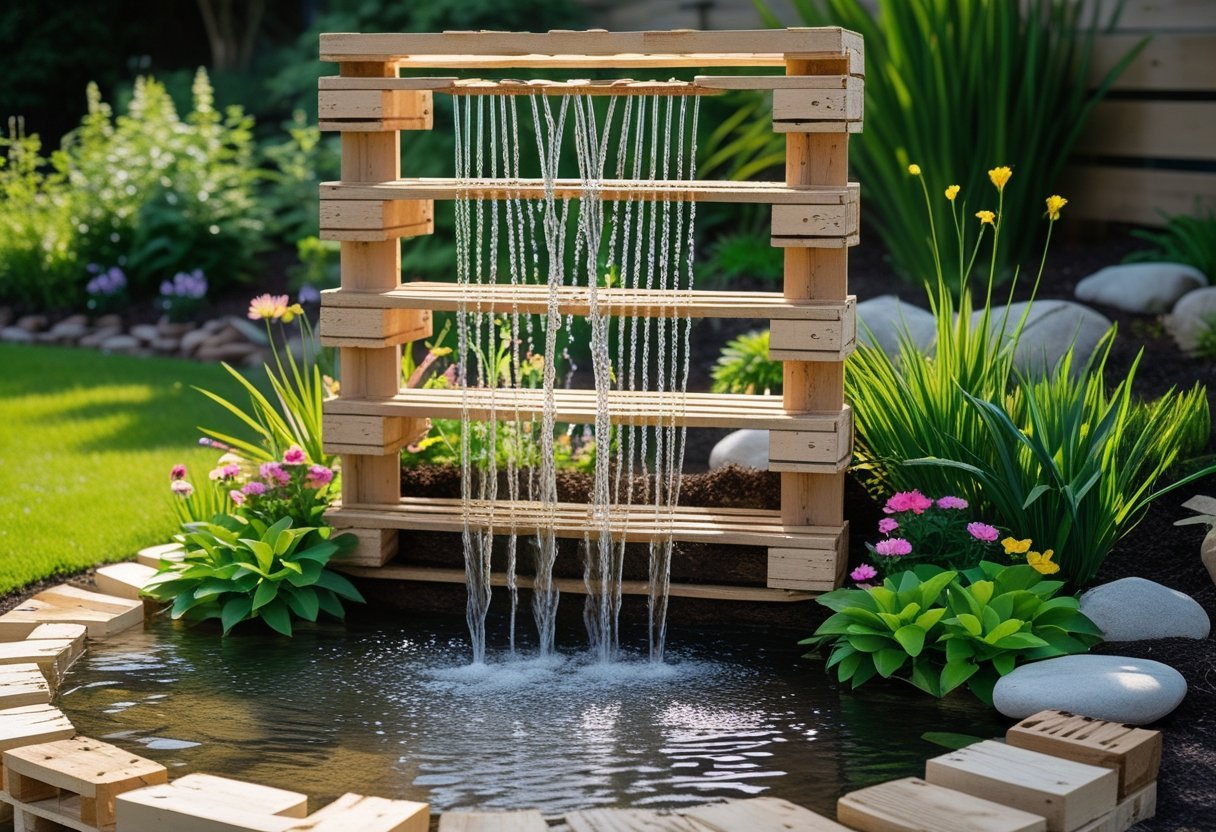 A garden waterfall made from a wooden pallet frame with water flowing down surrounded by green plants and flowers.
