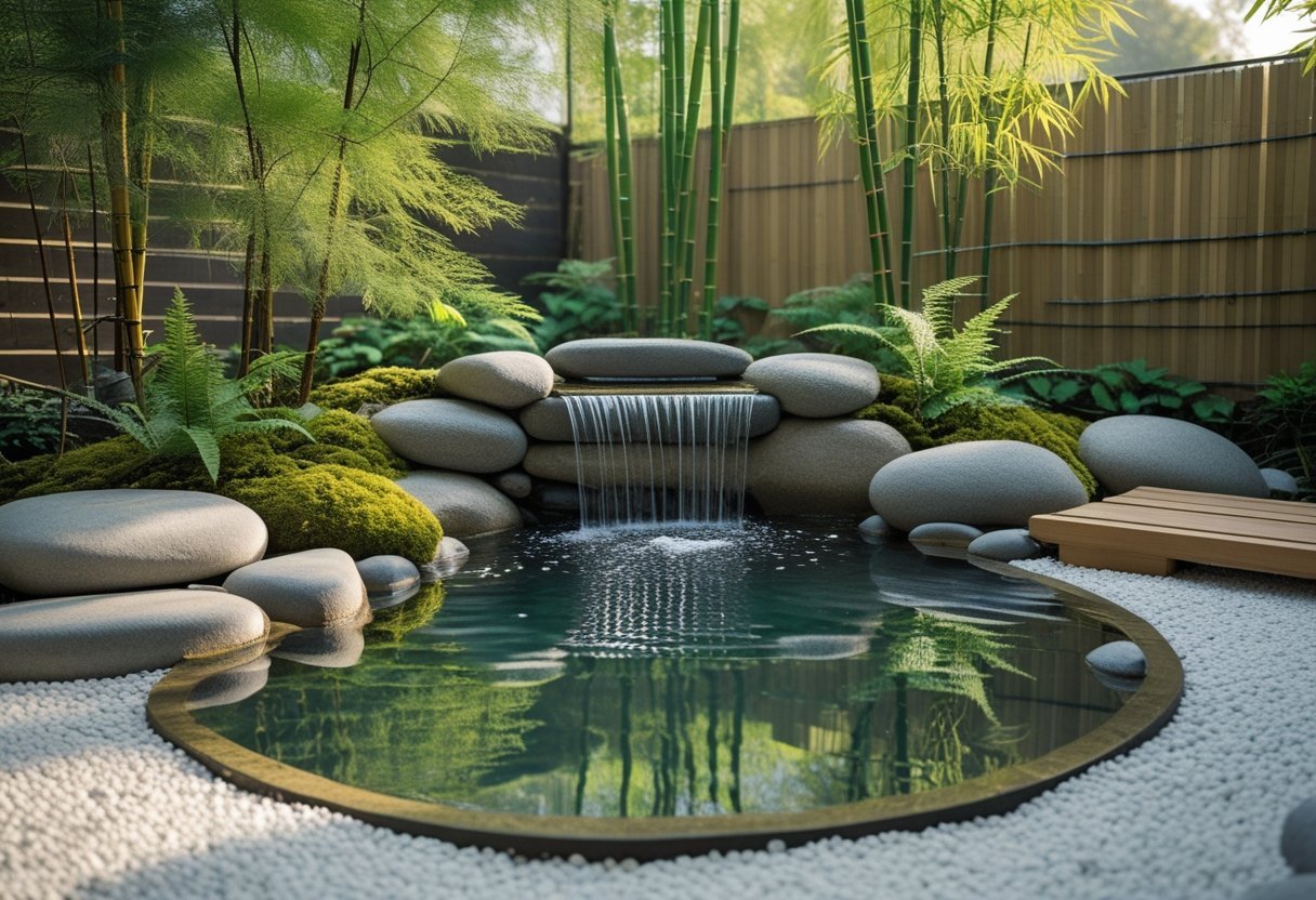 A small waterfall flowing over rocks into a pond surrounded by moss, ferns, and gravel in a peaceful garden setting.