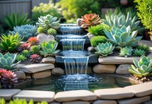 A backyard waterfall with clear water flowing over natural stones, surrounded by green and colorful succulent plants.