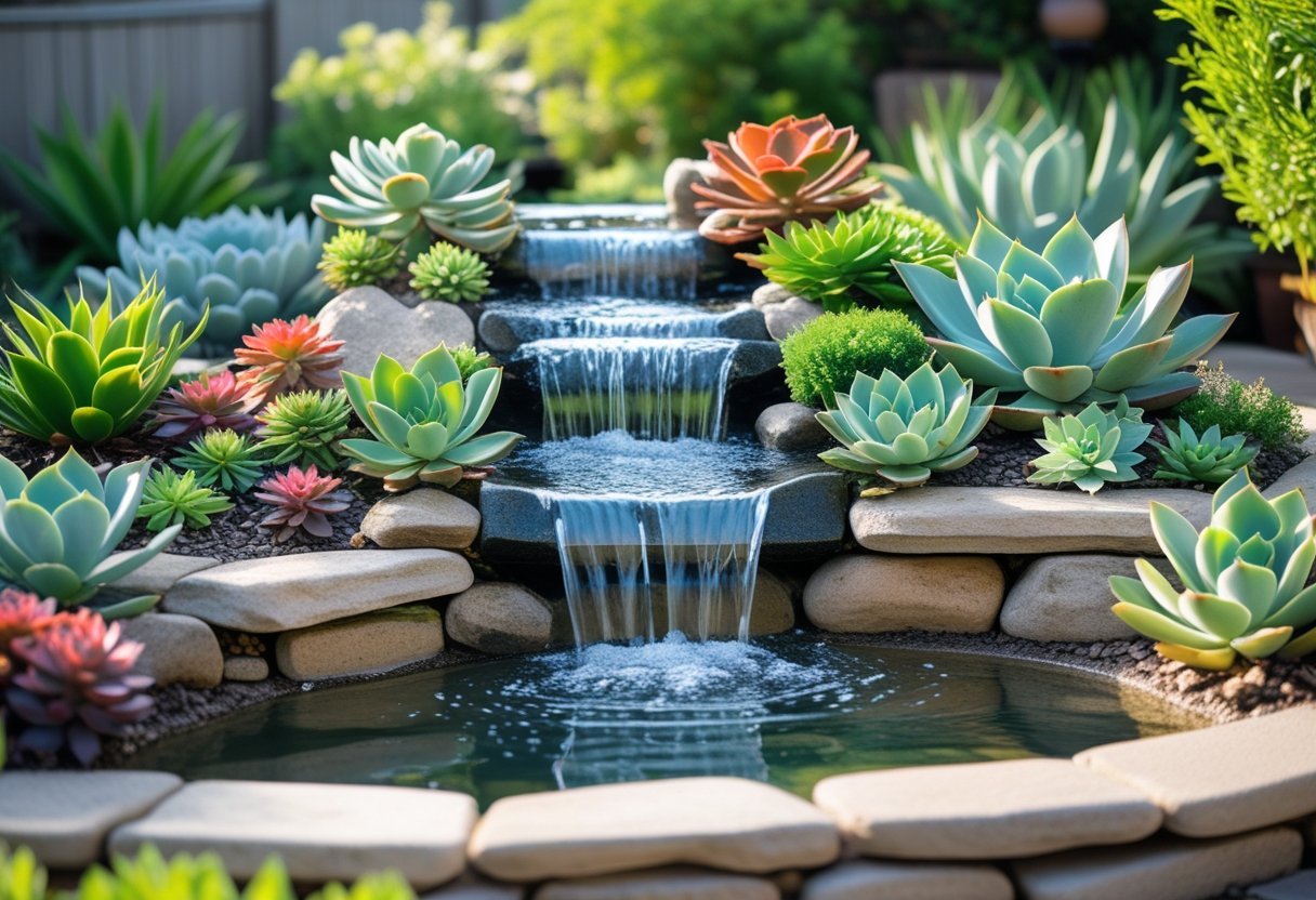 A backyard waterfall with clear water flowing over natural stones, surrounded by green and colorful succulent plants.