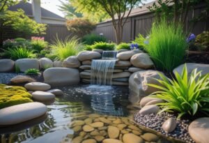 A backyard garden with a small waterfall flowing over rocks into a stream surrounded by plants and flowers.