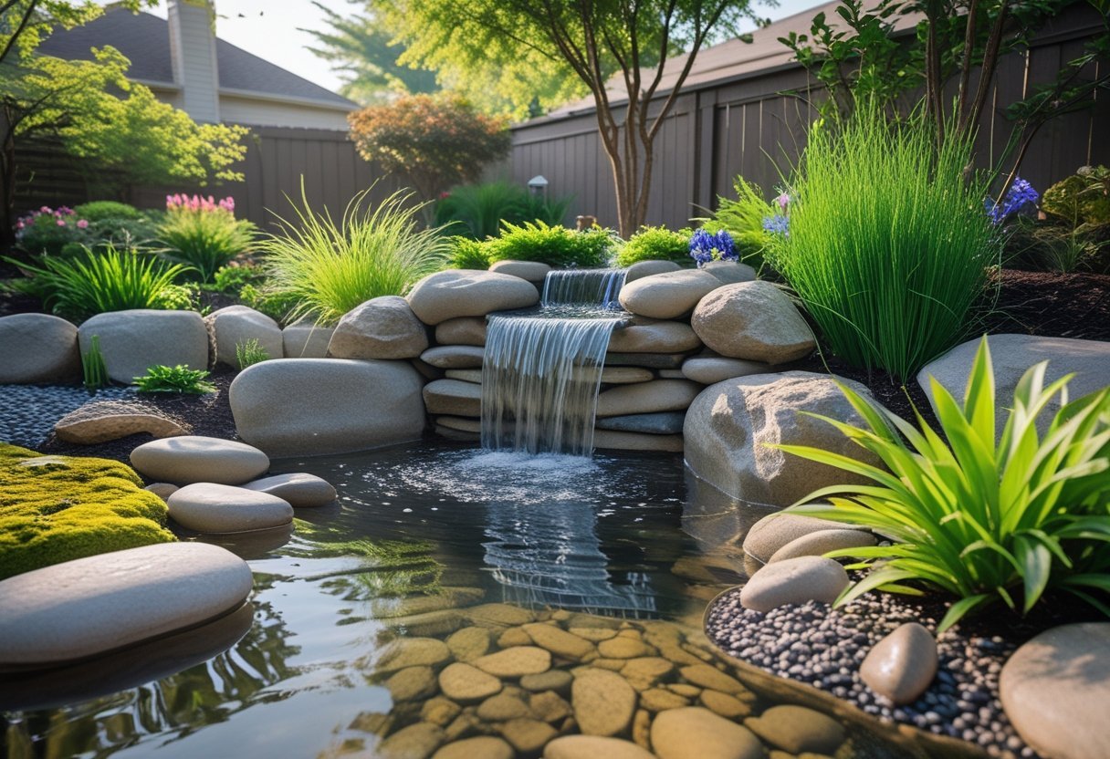 A backyard garden with a small waterfall flowing over rocks into a stream surrounded by plants and flowers.