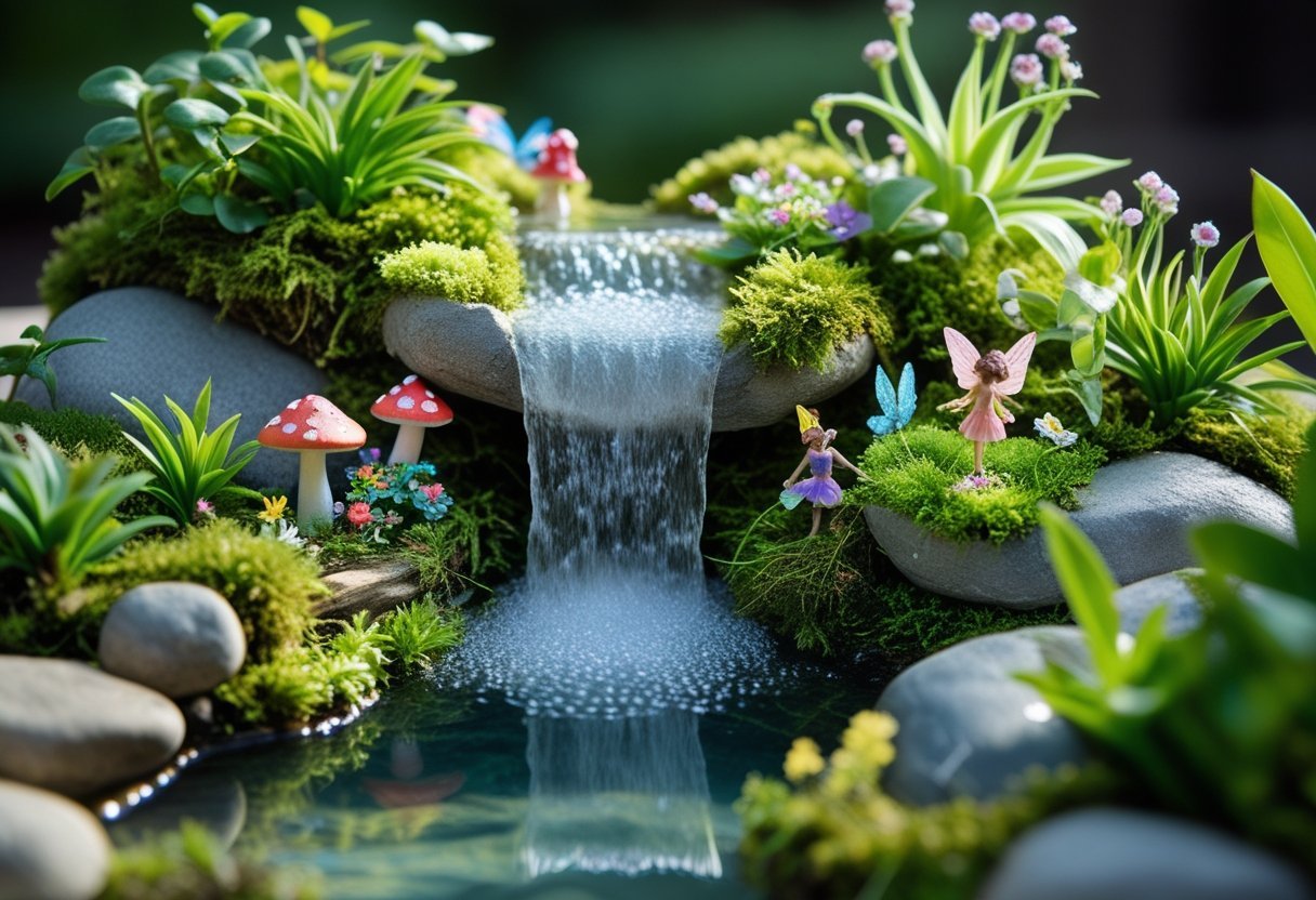 A miniature fairy garden with a small waterfall flowing over rocks into a clear pool, surrounded by tiny plants and decorative fairy elements.