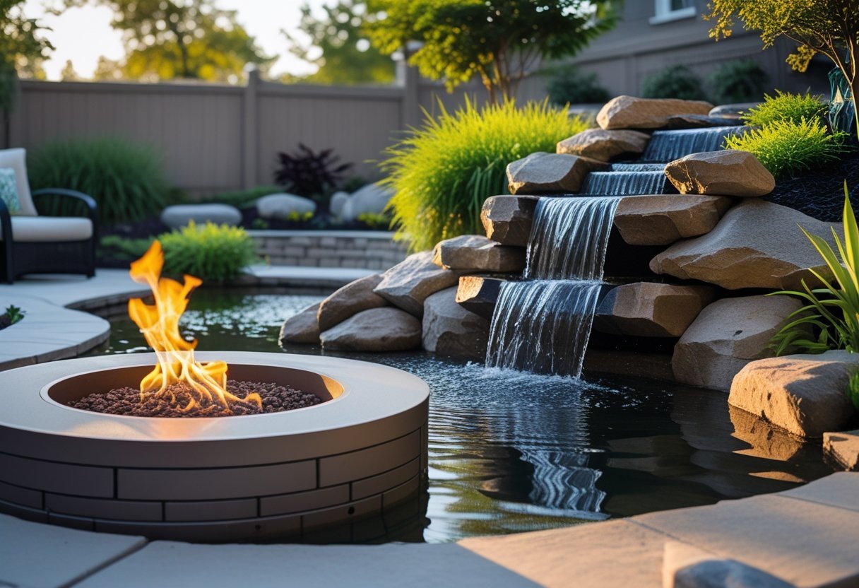 A backyard garden with a waterfall flowing over rocks into a pond and a fire pit with flames in front surrounded by plants.