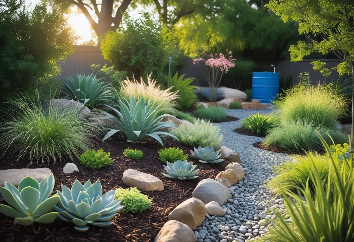 A garden with drought-tolerant plants, mulch-covered soil, rocks, and a rainwater barrel, designed to save water without irrigation.