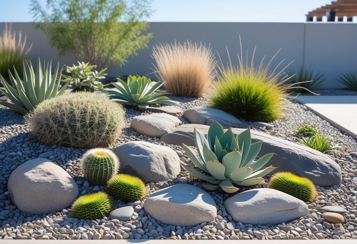 A rock garden with drought-tolerant plants and natural stones arranged in an outdoor setting without visible irrigation.