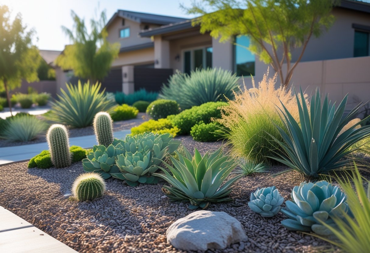 A drought-tolerant xeriscape garden with succulents, cacti, and native plants arranged on mulch and gravel ground cover in front of a house under a clear blue sky.