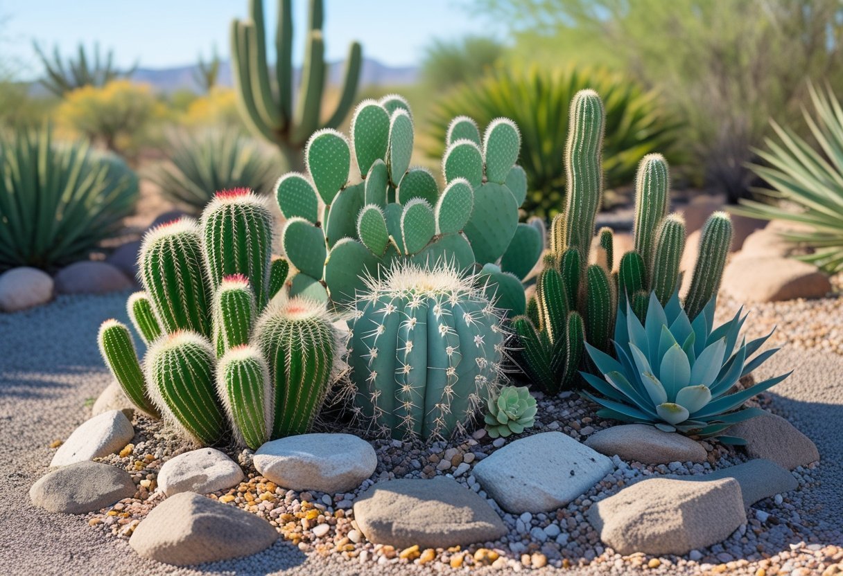A sunlit garden filled with various cacti and succulents growing in natural soil with rocks and pebbles, showing a water-saving, irrigation-free landscape.