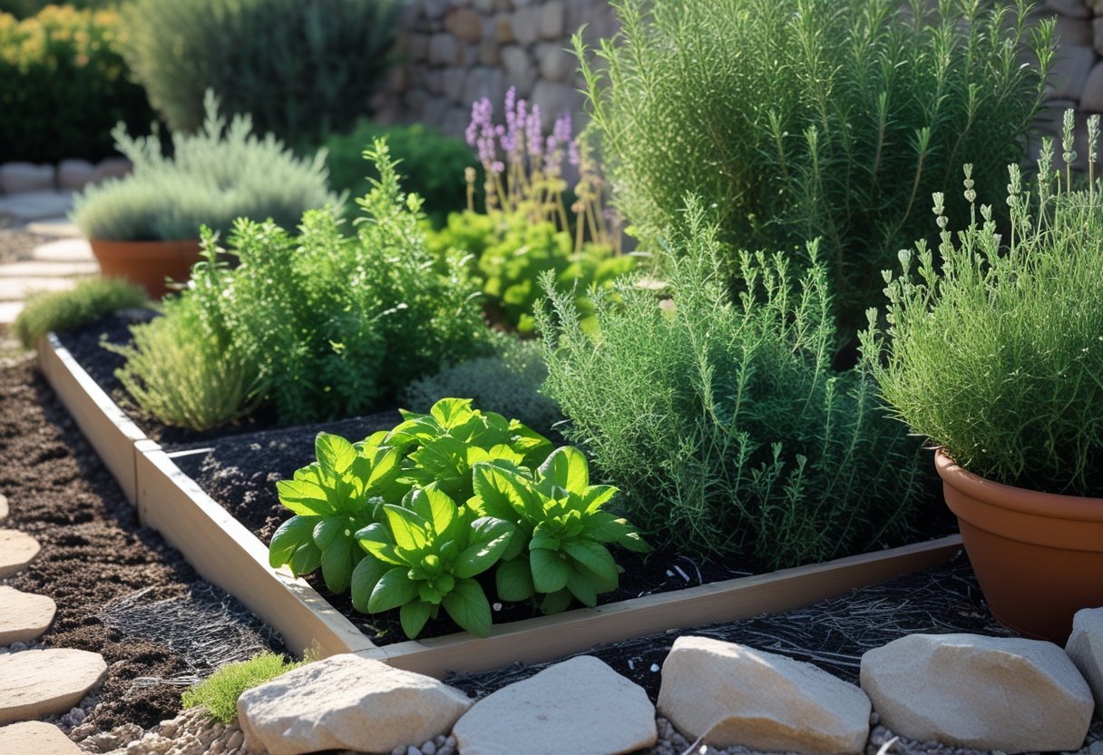 A Mediterranean herb garden with rosemary, thyme, oregano, and lavender growing in raised beds and pots, surrounded by dry soil and stone pathways, showing water-saving gardening techniques.
