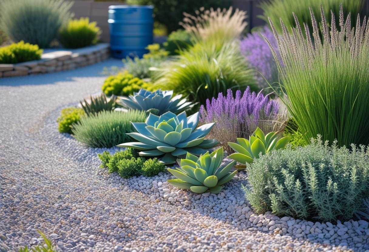 A gravel garden with drought-tolerant plants and light-colored gravel pathways under natural sunlight.