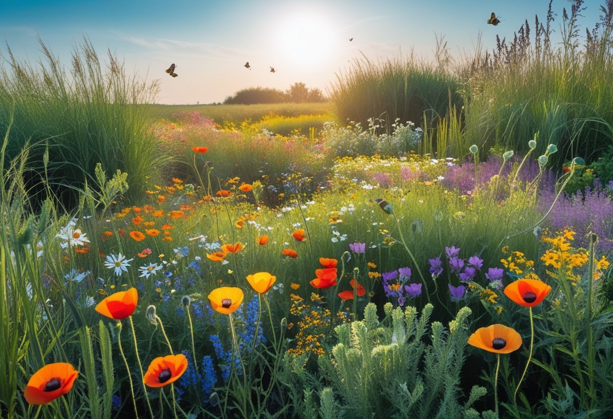 A colorful wildflower meadow with various blooming flowers and pollinating insects under a clear sky, showing a natural garden without irrigation.