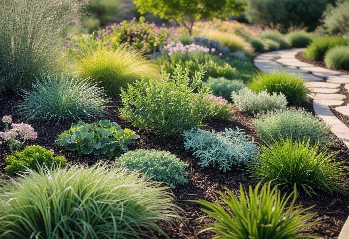 A lush native plant garden with various drought-tolerant plants and a natural stone pathway, designed without irrigation systems.