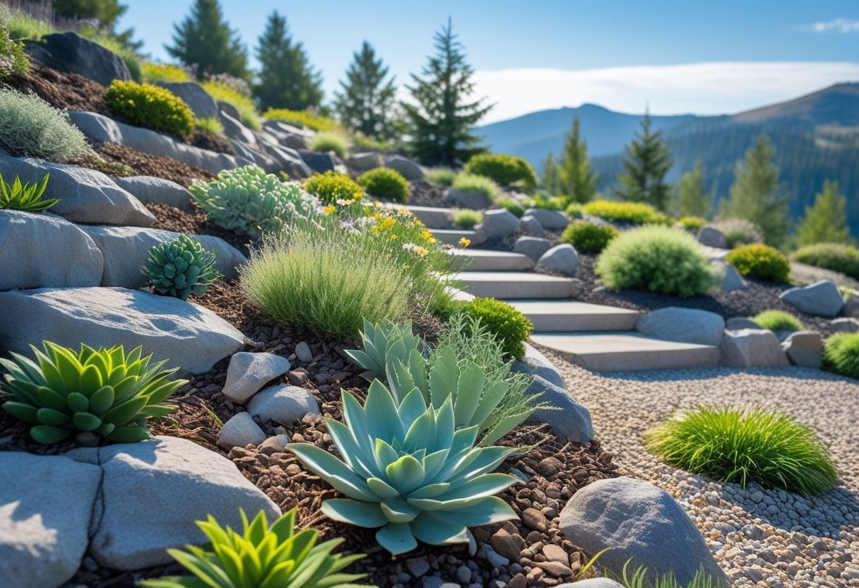 A lush alpine garden with drought-tolerant plants, rocks, and gravel mulch on a gentle slope with distant mountains in the background.