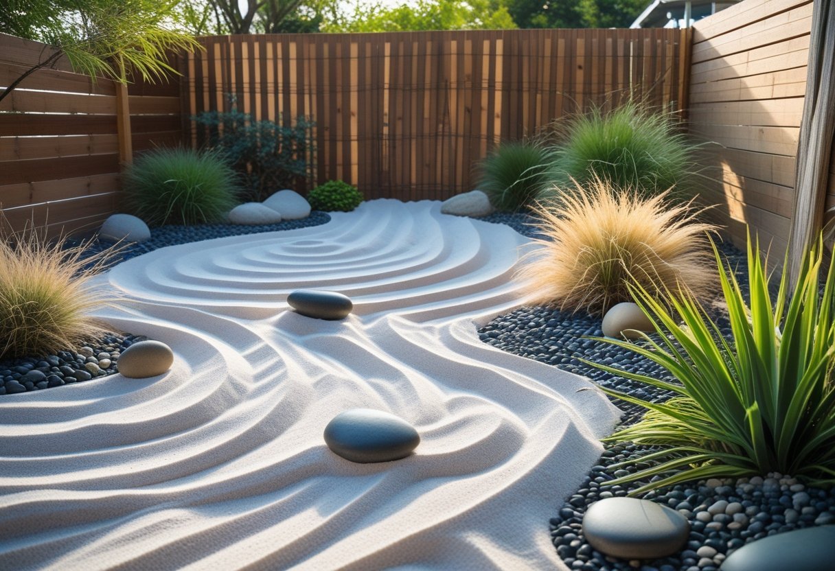 A minimalist sand garden with raked white sand, smooth stones, drought-tolerant plants, and bamboo fencing, designed to save water without irrigation.