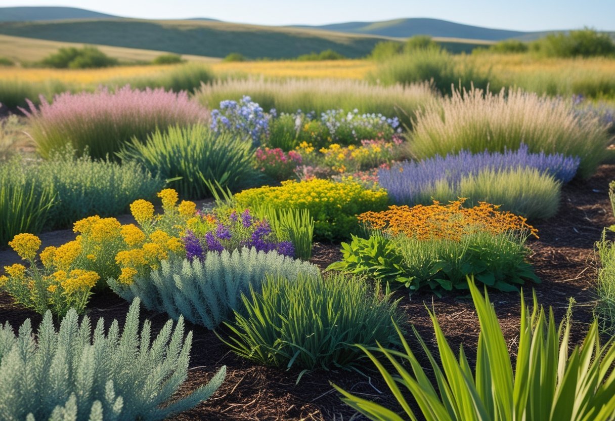A prairie garden with native plants and wildflowers growing naturally without irrigation equipment under a clear blue sky.