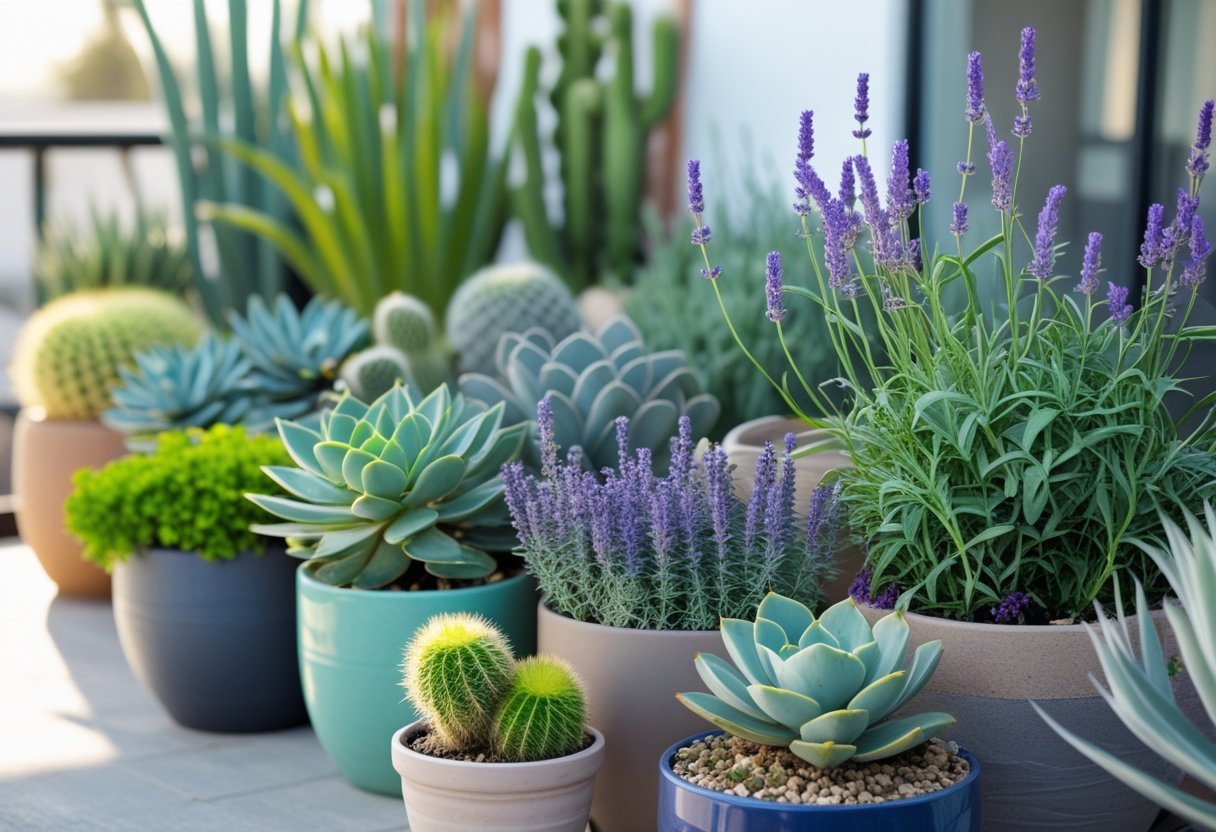 A container garden with drought-resistant plants in pots arranged on a patio.