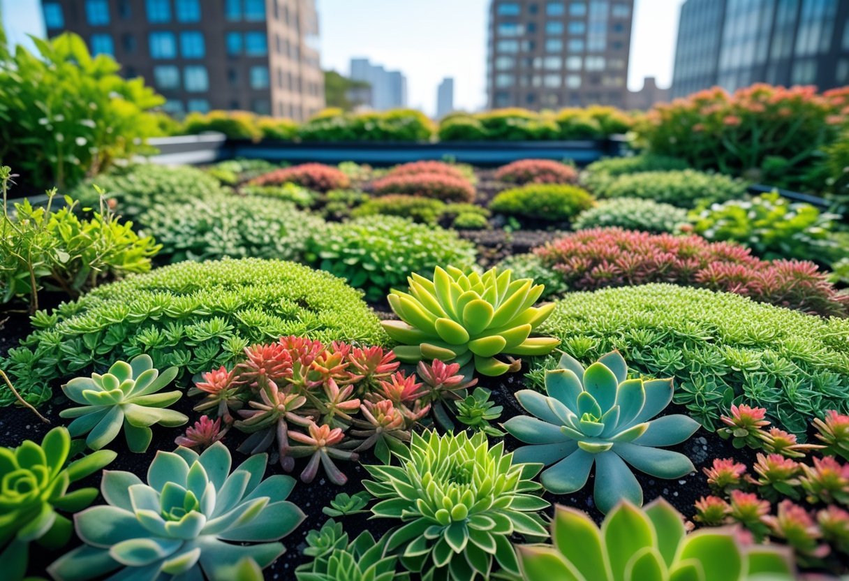 A green roof covered with dense sedum plants growing without irrigation, surrounded by urban buildings.