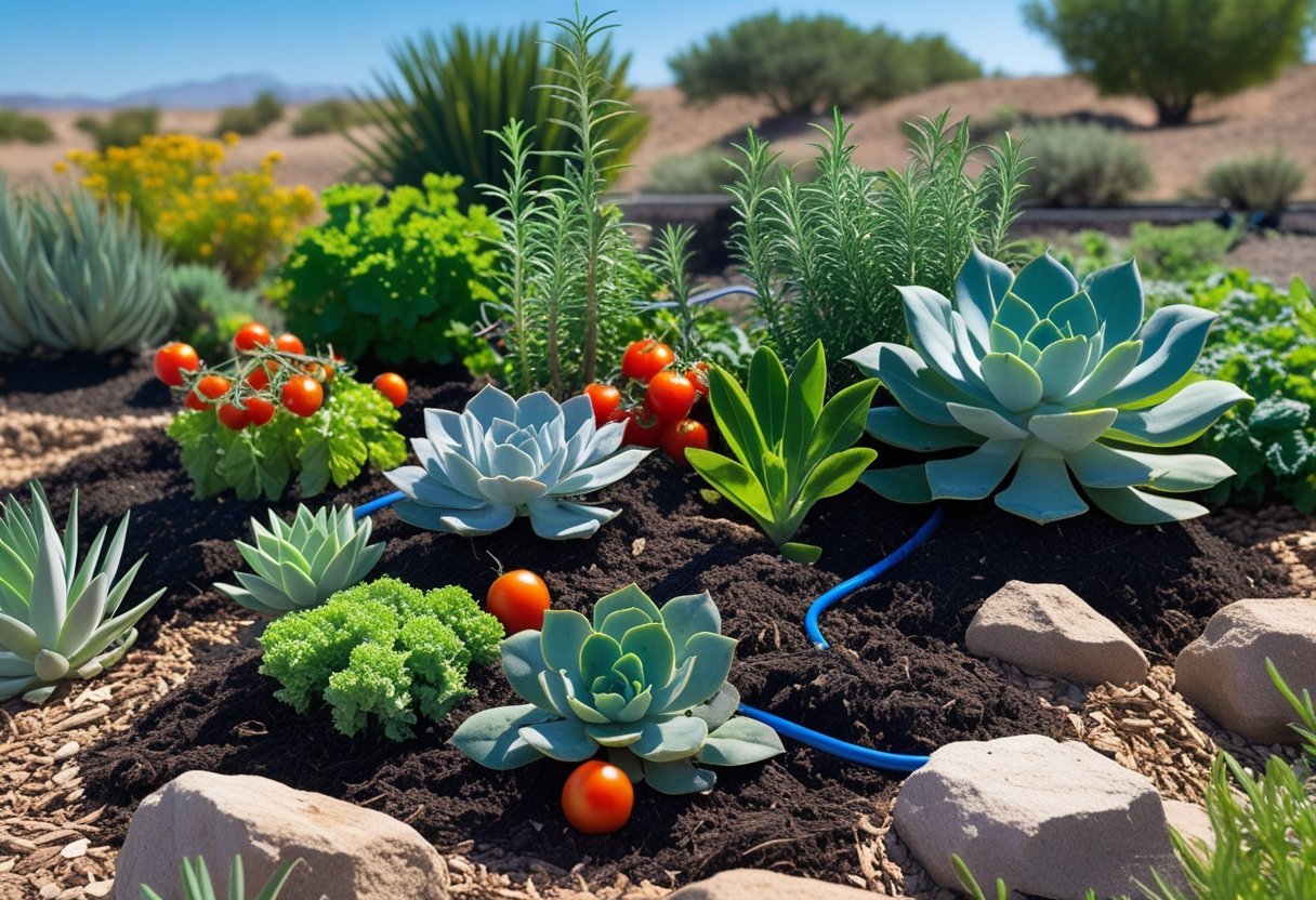 A drought-resistant edible garden with various thriving plants growing in mulched raised beds under a clear blue sky.