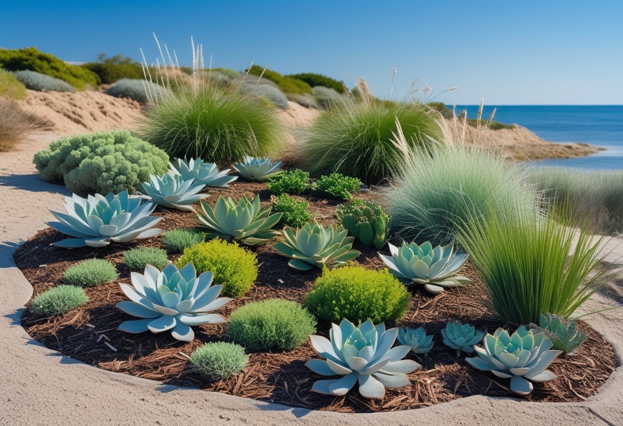 A coastal dry garden with drought-tolerant plants like succulents and grasses growing in sandy soil near the coast under clear blue skies.