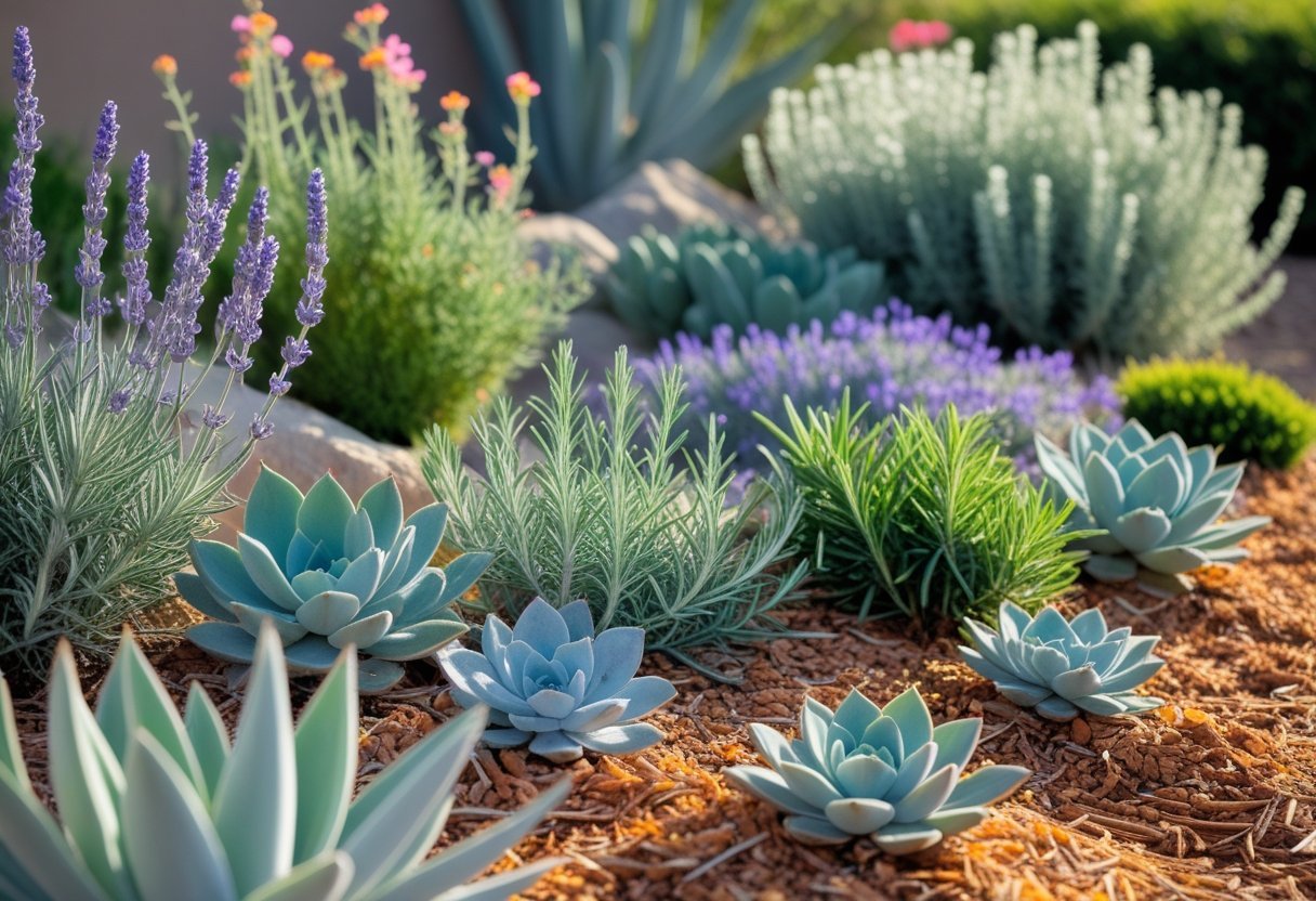 A sunny garden filled with dry-loving aromatic plants like lavender and rosemary growing in rocky soil without irrigation.