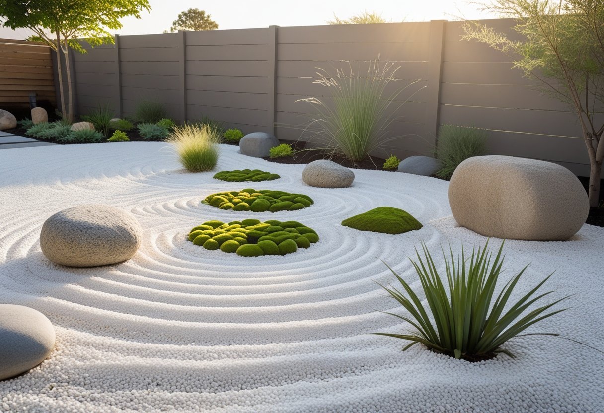 A minimalist Zen garden with white gravel, large stones, moss, and drought-tolerant plants under soft sunlight.