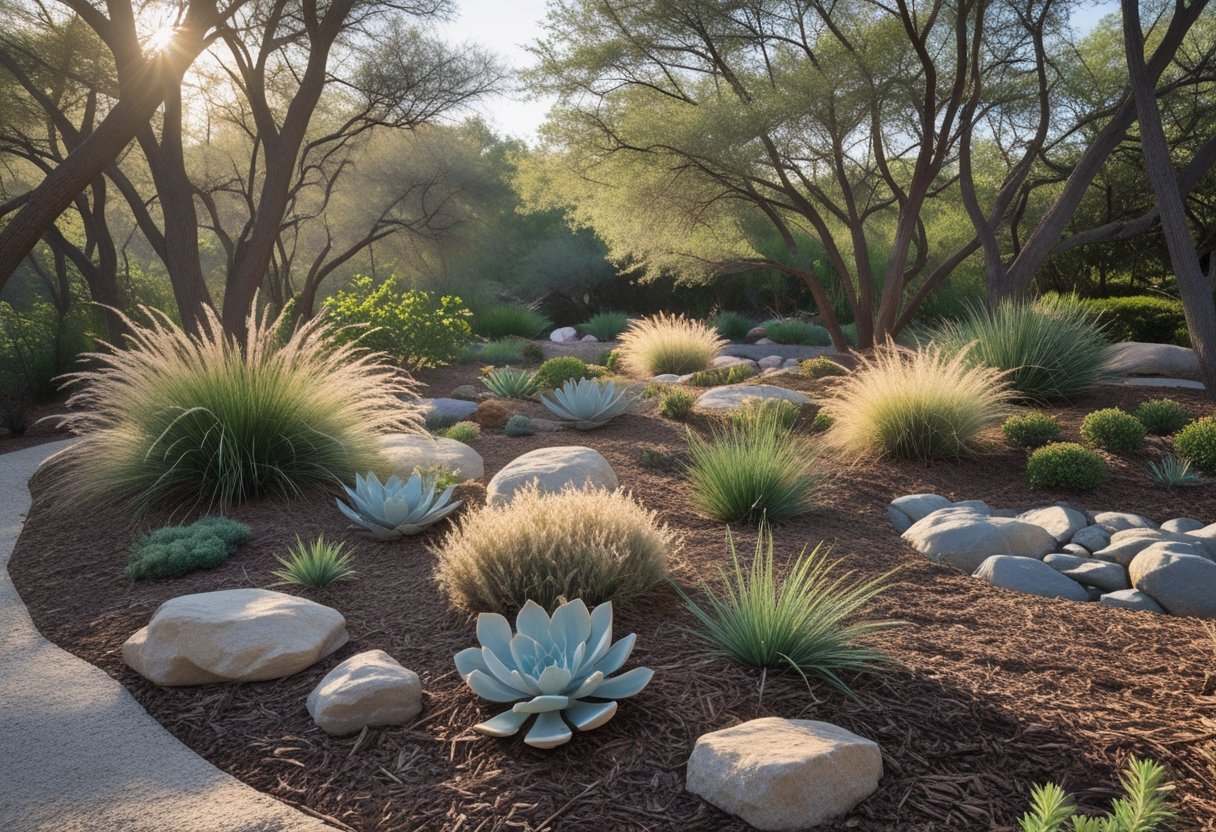 A dry woodland garden with drought-tolerant plants, rocks, and mulch under soft sunlight filtering through trees.