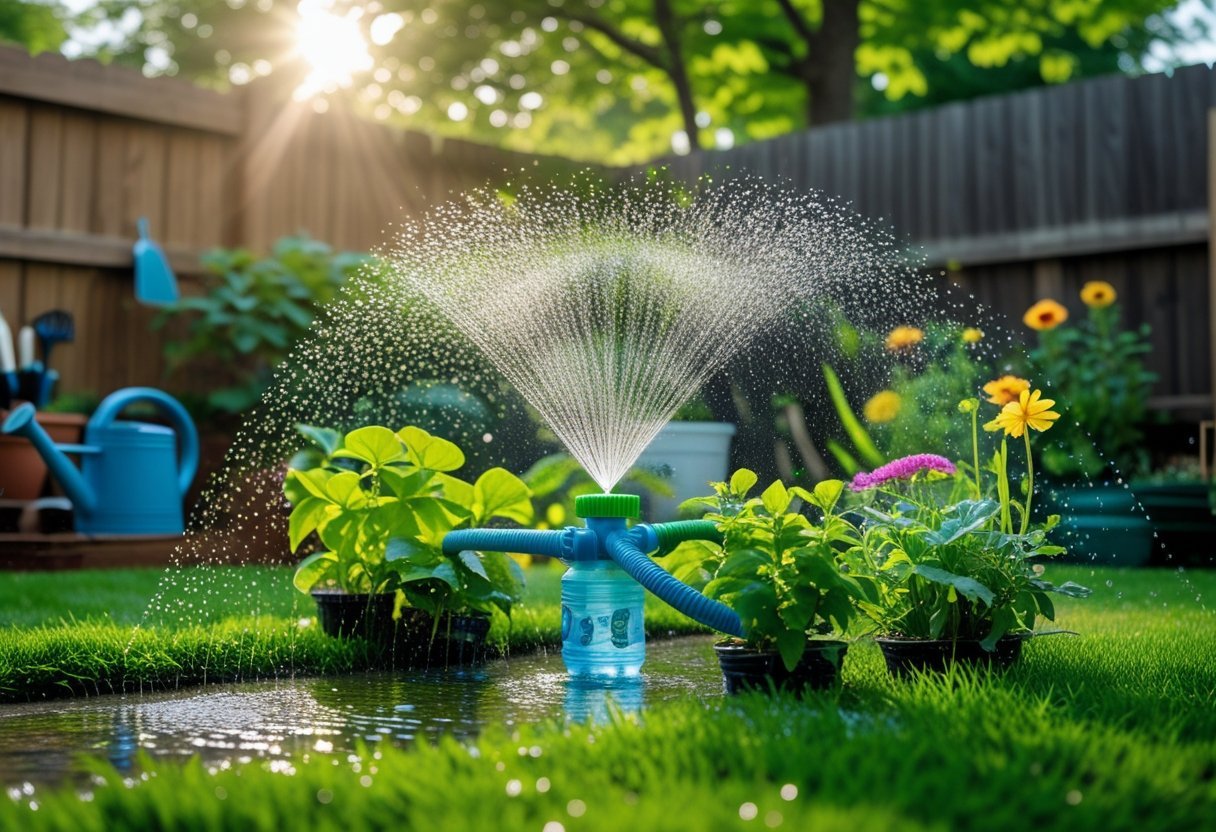 A backyard garden with a homemade sprinkler spraying water over green plants and flowers.