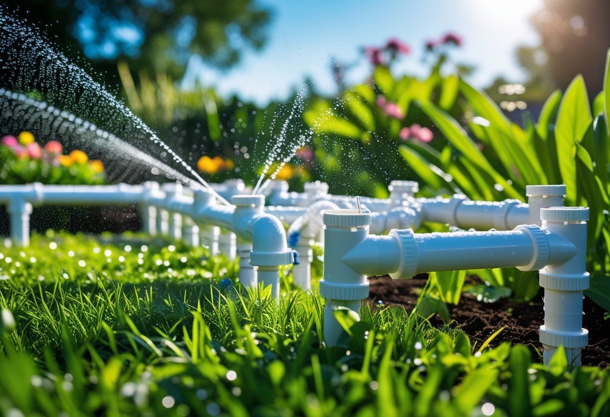 A garden sprinkler system made from white PVC pipes spraying water over green grass and flowering plants on a sunny day.