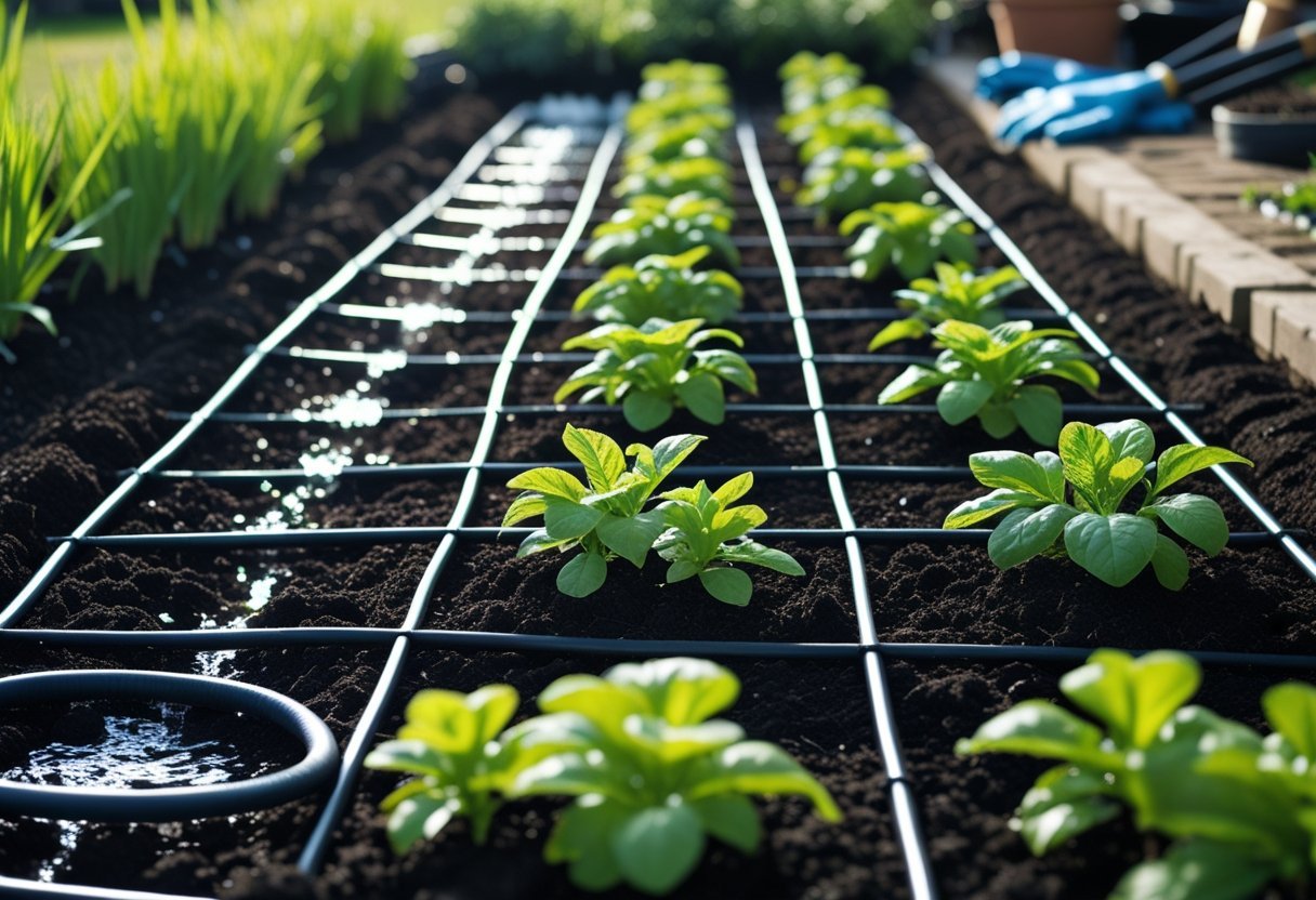 A garden bed with green plants being watered by a black soaker hose arranged in a grid pattern.