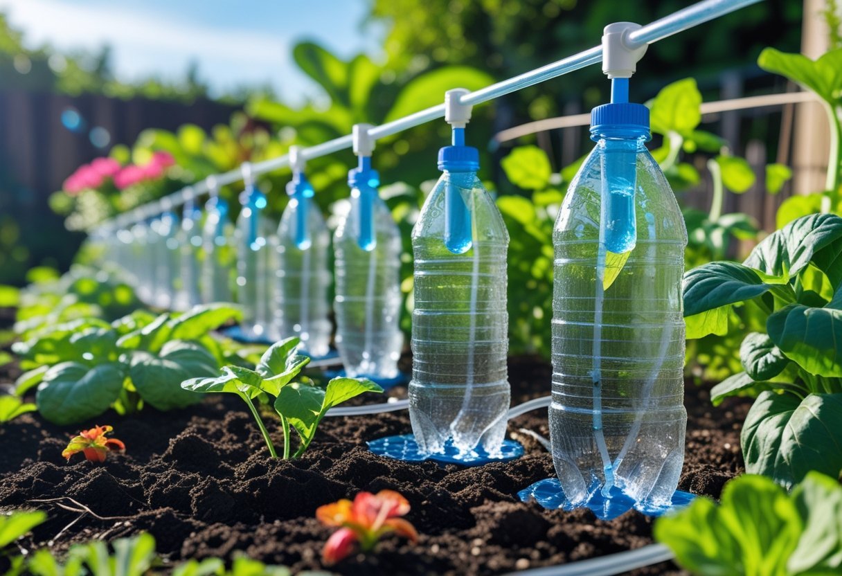 A garden with plants being watered by a drip irrigation system made from recycled plastic bottles connected with tubing.