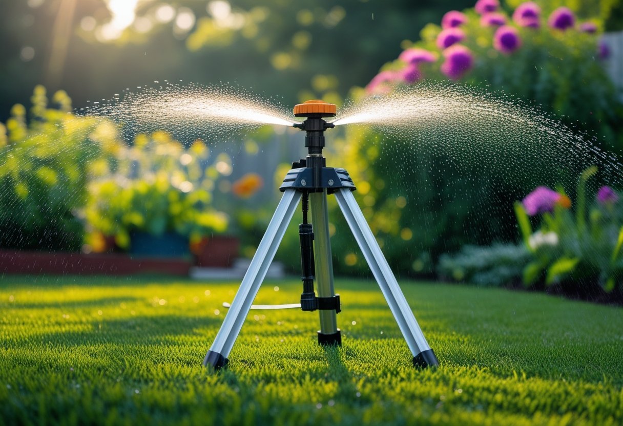 An overhead tripod sprinkler watering a green garden lawn with plants and flowers in the background.