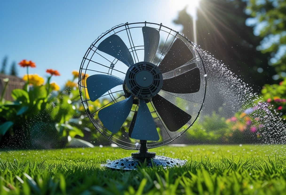 A garden sprinkler made from old fan parts sprays water over a green lawn with plants in the background.