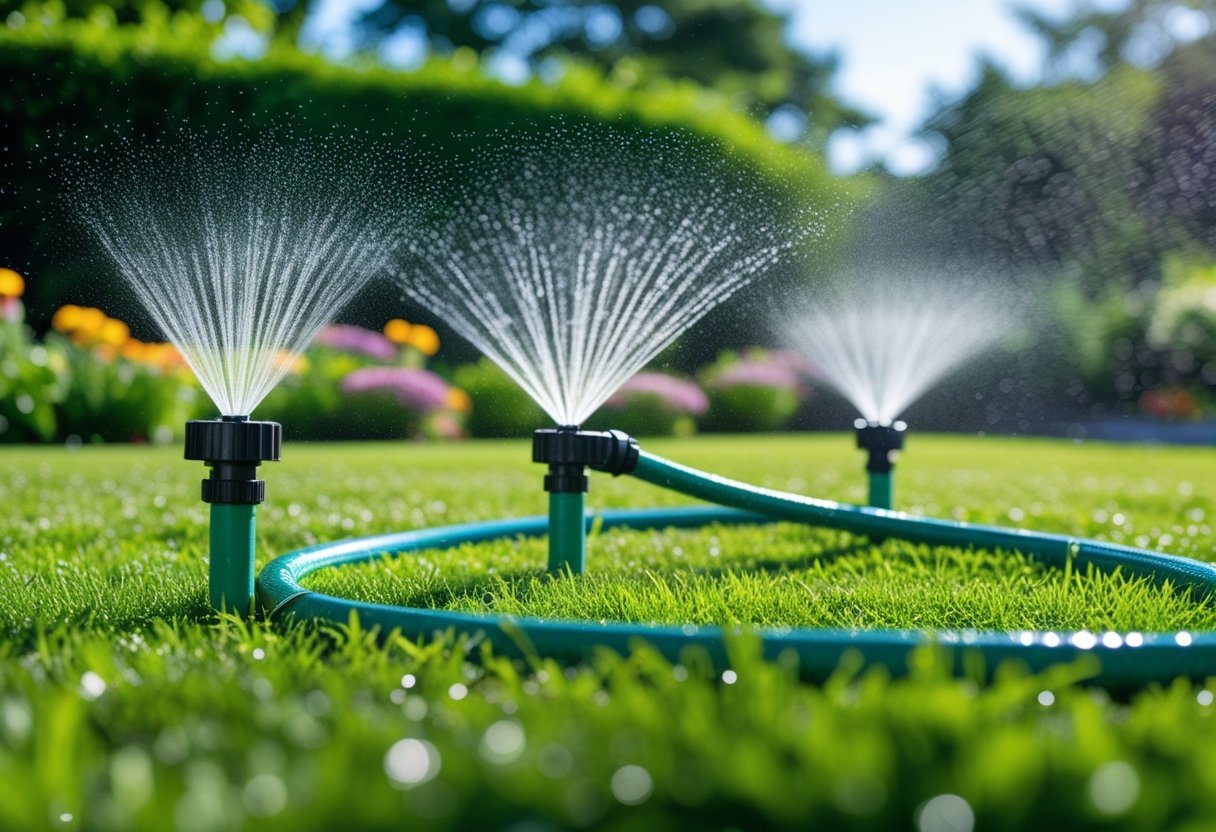 Pop-up sprinkler heads spraying water on a green lawn connected to a garden hose.