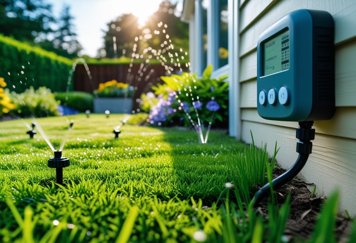 A backyard garden with underground sprinkler heads visible in the grass and a sprinkler timer control panel mounted on a wall near a garden shed.