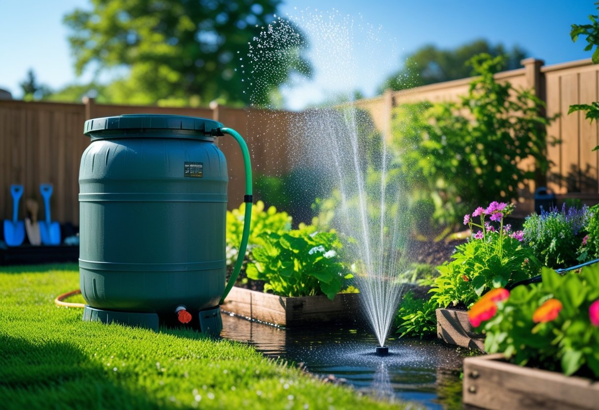 A rain barrel connected to a garden sprinkler watering green plants and flowers in a sunny garden.