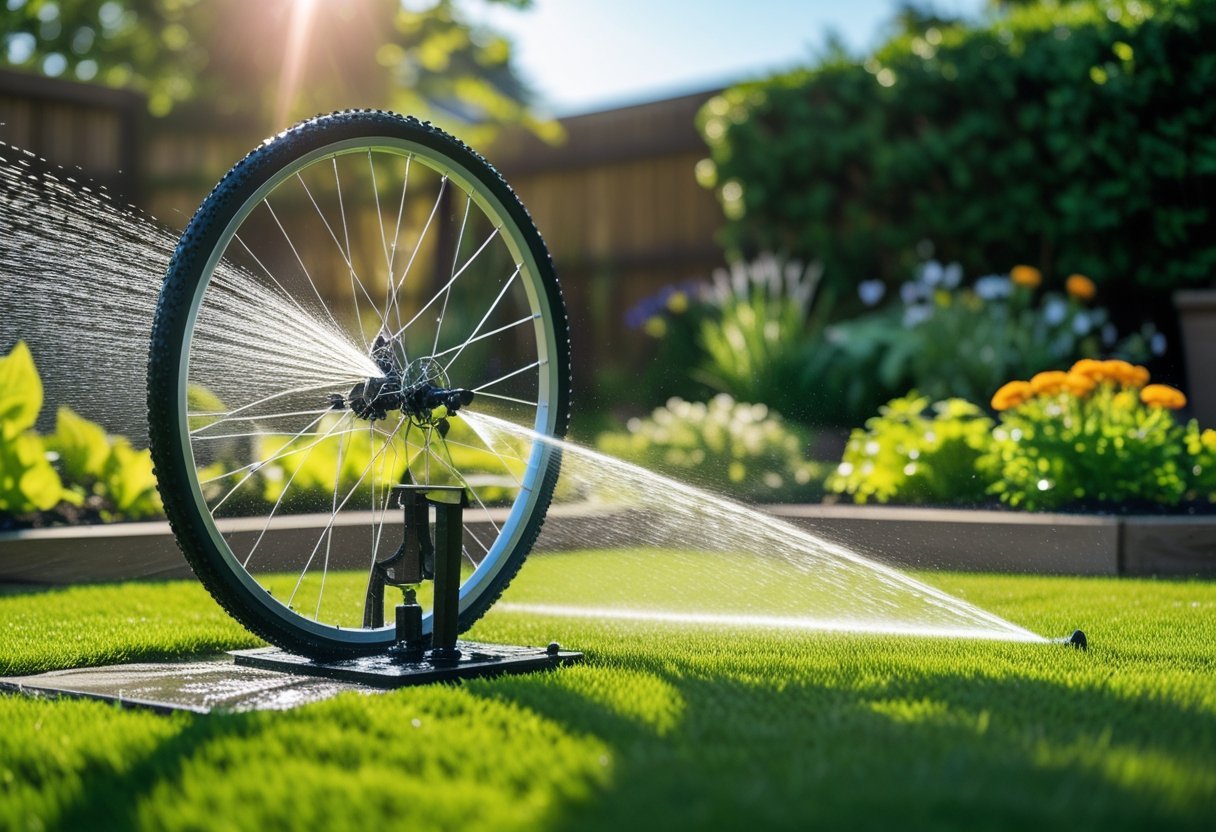 A rotary garden sprinkler made from bicycle parts spraying water over a green lawn with flowers in the background.
