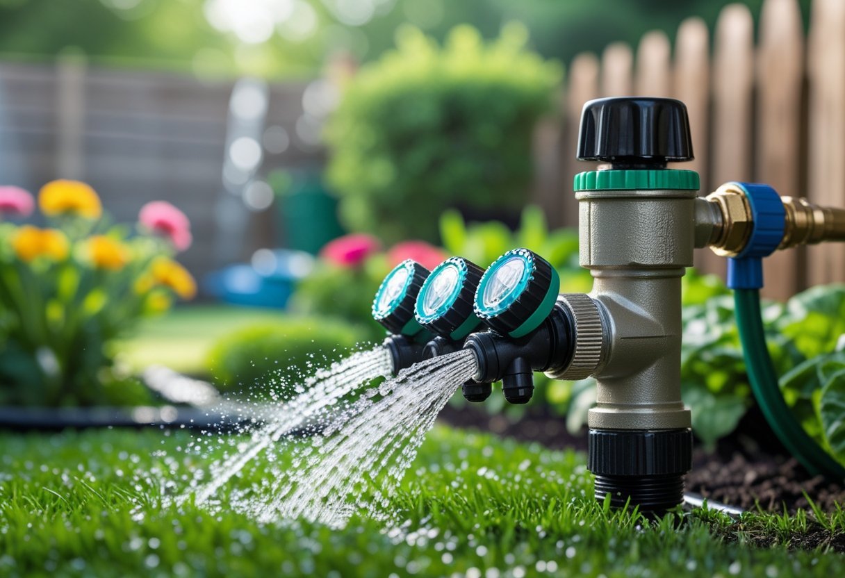 Garden hose splitter with adjustable nozzles attached to an outdoor faucet spraying water over a green garden with flowers and lawn.